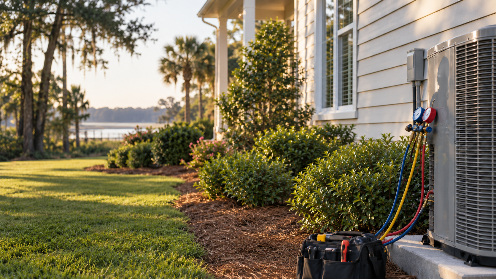Residential outdoor heat pump connected to professional HVAC gauges
